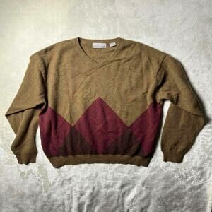 Vintage Argyle Cashmere Pullover Grandpa Sweater Men's L Light V-Neck Burgundy